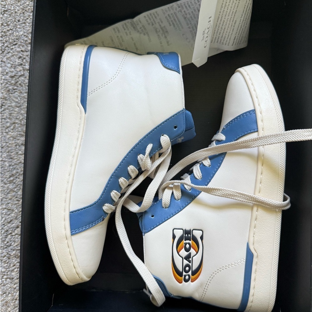 Coach Clip Leather High-Top Sneakers | Chalk & Sky Blue | Size 7